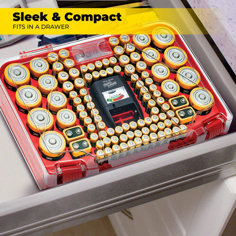 Smart Battery Organizer Case With Tester Double Sided Battery Daddy Style Storage That Holds Up To 150 Batteries Clear Locking Lid As Seen On TV Easy View Design For Fast Access And Safe Storage in a drawer