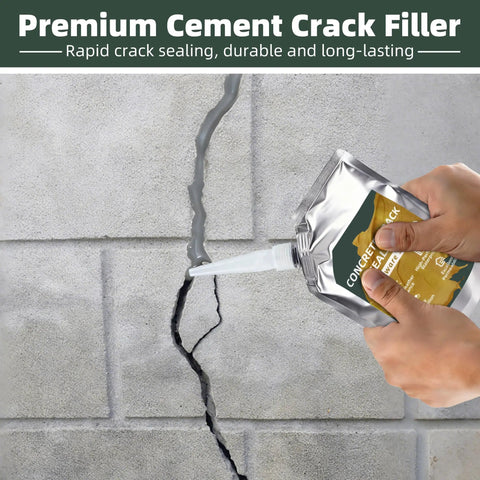 Person applying Self Leveling Concrete Crack Filler for Driveways and Patios, Heavy Duty All Weather Elastic Sealant to concrete wall.