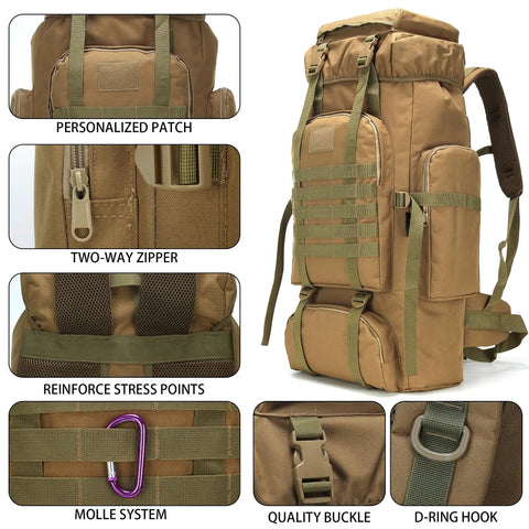 Beefy 70 Liter And 100 Liter Hiking Backpack For Men, Military Style Rucksack With MOLLE System and D-Ring Hook details