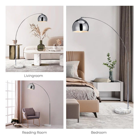 68 Inch Arc Floor Lamp With White Faux Marble Base And Chrome Bell Shade in various living and bedroom settings