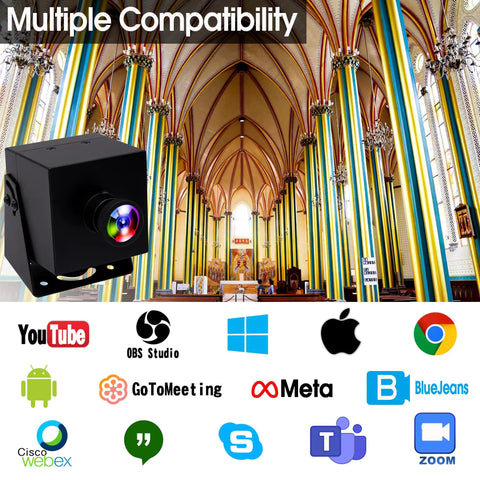 Rock Solid 4K UVC Web Cam With USB And HDMI Dual Screen Output For PC Monitors And Streaming Rigs featuring colorful church background.