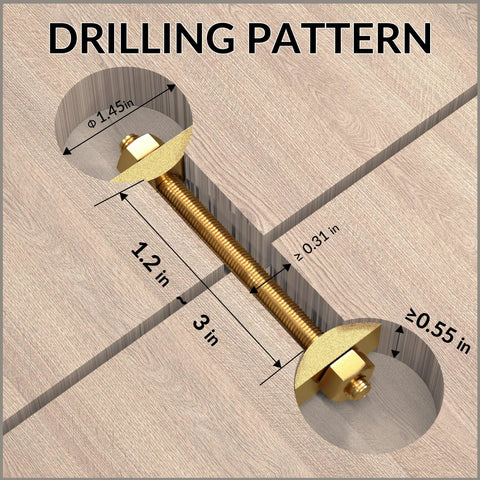Solid As A Rock Countertop Connector Bolts M8 X 100MM Joint Fasteners showing drilling pattern dimensions on wood