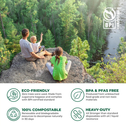 Family enjoying nature, highlighting eco-friendly and compostable features of Eight By Eight Inch Compostable Clamshell Containers Pack Of Fifty Biodegradable Sugarcane To Go Boxes Heavy Duty Microwave Safe Freezer Safe Stackable Unbleached PFAS Free Eco Friendly Grab And Go Takeout Boxes.