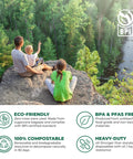 Family sitting on cliff with forest view, eco-friendly highlights BPA free, compostable; Eco Friendly 8 By 8 Inch 3 Compartment Clamshell Takeout Containers 50 Pack Compostable Sugarcane Paper Food Boxes Microwave Safe Freezer Safe Stackable For To Go Meals