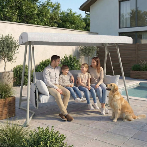 Family sitting on Oversized Outdoor Porch Swing With Adjustable Backrest And Canopy 2 In 1 Swing Bed 800 Lbs Capacity by poolside