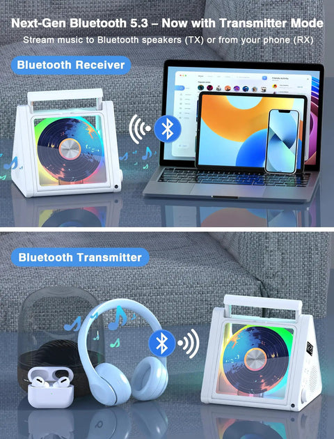Portable CD Player With Bluetooth And RGB Lights 4000mAh Rechargeable Home Audio Player With Built In Speakers Plays CDs MP3 WMA FM USB AUX Optical Output Party Ready White with Bluetooth connectivity to devices on gray couch