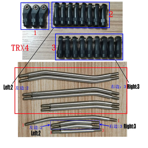 Stainless Steel Link Rod And Linkage Upgrade Kit For 313mm Wheelbase TRX4 1X10 RC Crawler with components arranged on a table.