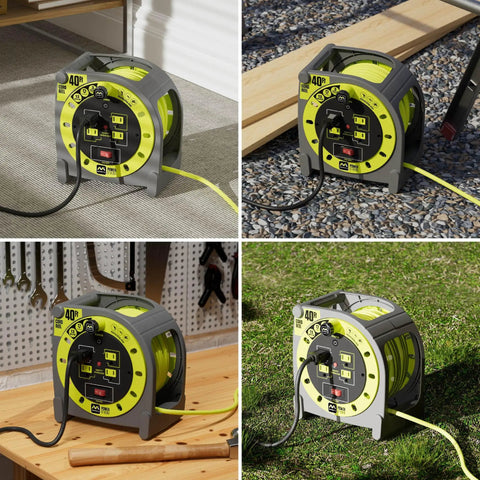 40 Ft Retractable Extension Cord Reel with 4 Grounded Outlets, Safety Overload Circuit Breaker, Power Switch, 14AWG Cable