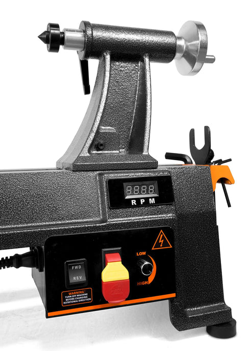 Beefy Variable Speed Benchtop Wood Lathe With A Knockout Six Amp Motor And Wide Open 14 By 20 Inch Swing Capacity For Slick Bowl Turning and controls view