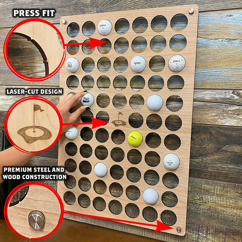 Customizable Golf Ball Display Case Wall Mount Holds 72 Balls for Golf Lovers and Collectors, wood construction details