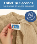 Personalized Name Labels For Kids Featuring Waterproof Custom Stickers on knit clothing, showing self-adhesive tag application.