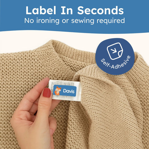 Personalized Name Labels For Kids Featuring Waterproof Custom Stickers on knit clothing, showing self-adhesive tag application.