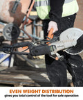 Person holding R230DCT 9 Inch Concrete Saw With 15A Motor No Gas Beats The Grinder Hands Down Ergonomic Lightweight Design With Wheeled Skid Plate