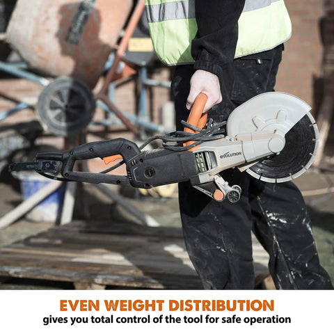 Person holding R230DCT 9 Inch Concrete Saw With 15A Motor No Gas Beats The Grinder Hands Down Ergonomic Lightweight Design With Wheeled Skid Plate