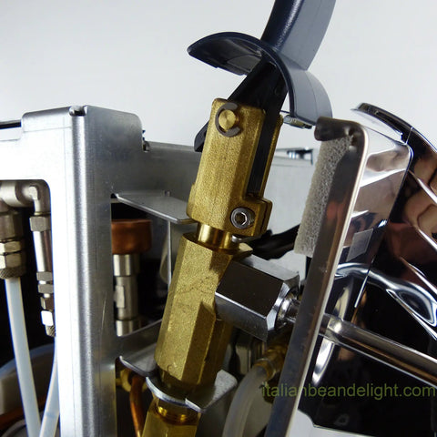 Close-up of mechanics inside Oscar Direct Connect Version Black Espresso Machine With Copper Boiler For 110V Power Compact 32 Cm Wide.