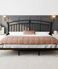Classic King Size Metal Bed Frame With Sculpted Headboard And Vintage Romance Vibes Built Rock Solid On Thick Black Steel With Thirteen Hardened Slats For A Dead Silent Rest Plus Twelve Inch Underbed Storage For Super Easy Room Setup in modern bedroom.