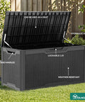 100-Gallon Large Resin Deck Box Waterproof Outdoor Storage For Patio Furniture Cushions Garden Tools And Pool Supplies Lockable Black All-In-One Backyard Organizer with open lid showing interior and weather-resistant features.