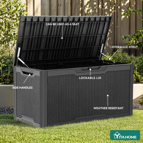 100-Gallon Large Resin Deck Box Waterproof Outdoor Storage For Patio Furniture Cushions Garden Tools And Pool Supplies Lockable Black All-In-One Backyard Organizer with open lid showing interior and weather-resistant features.