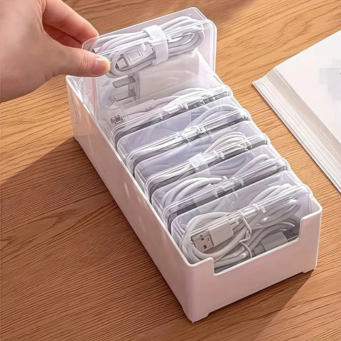 Clear Cable Organizer Storage Box With 7 Wire Ties, Stackable Desktop Cable Management Box With Switch holding multiple cables