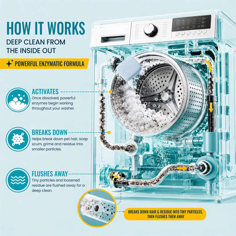 Diagram showing Deep Clean Your Washing Machine With Enzyme Formula Cleaner Tablets dissolving pet hair, grime, limescale, and odors.