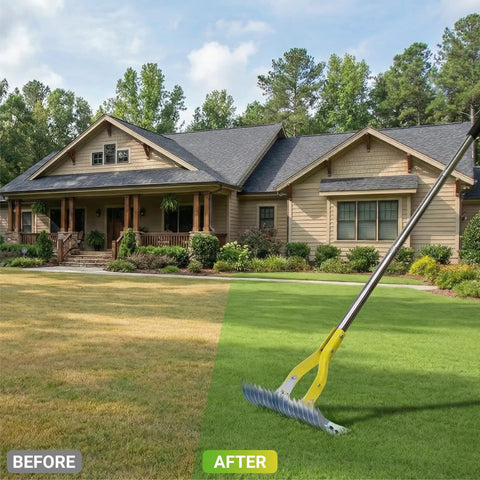 15 Inch Dethatching Rake For Lawn With Dual Edge Steel Head shown on vibrant green lawn, contrasting with brown grass section.