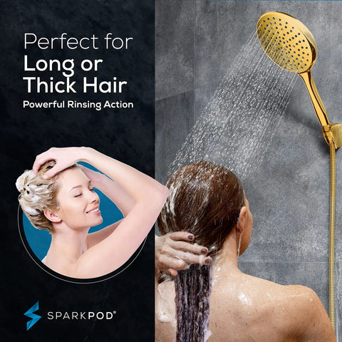 High Pressure Handheld Shower Head With Hose, 6 Inch Rainfall Spray, Egyptian Gold Finish, woman rinsing hair