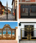 Various ornate metal gates mounted outdoors, showing decorative designs and materials for swing or ramp gates, suitable for trailers.