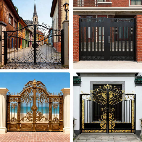 Various ornate metal gates mounted outdoors, showing decorative designs and materials for swing or ramp gates, suitable for trailers.