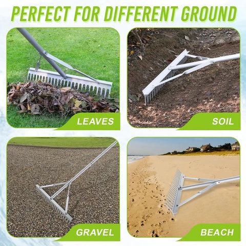 24 Inch Aluminum Landscape Rake Heavy Duty Garden Tool For Lawns And Soil Loosening Rustproof With Adjustable 3 Section Handle Ideal For Lawn Care Landscaping Garden Renovation Lake And Beach Cleanup