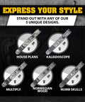 Fly Titanium Tc4 Pocket Clip Upgrade For Leatherman Free T And P Series shown with unique designs: House Plans, Kaleidoscope, Multiply, Norwegian Wood, Numb Skulls.