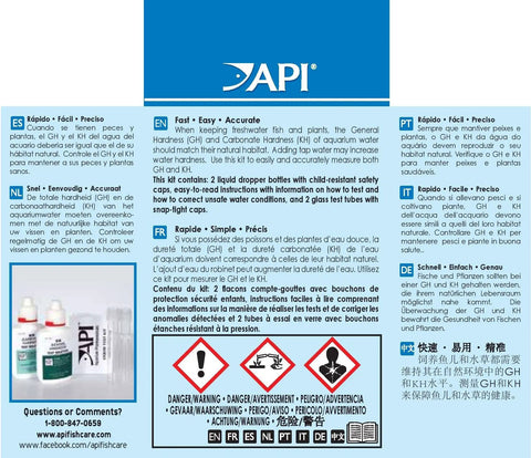 Slick Freshwater Aquarium GH And KH Water Test Kit instruction label with multiple languages and safety warnings.