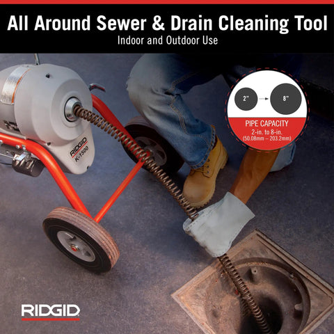 Badass B Frame Sectional Sewer Drain Cleaning Machine With Heavy Duty Cable Carrier and Rear Guide Hose for hassle free cable changes shown in use.