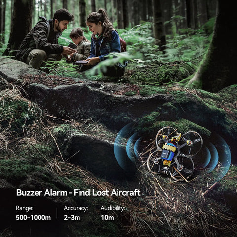 Lightweight FPV Drone GPS Tracker with Beeper and Buzzer RID Module FAA Compliant, shown active in a forest recovery scenario.