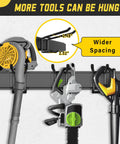 Close-up of garage wall organizer kit displaying mounted tools, showing wider spacing and dimensions for better storage.