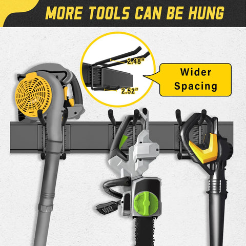 Close-up of garage wall organizer kit displaying mounted tools, showing wider spacing and dimensions for better storage.