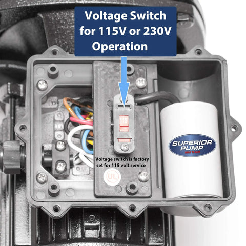 Voltage switch close-up on 1/2 HP Cast Iron Shallow Well Jet Pump With Dual Voltage 115/230V, 10 GPM At 40 PSI