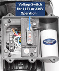 Voltage switch detail on Half Horsepower Cast Iron Convertible Jet Pump With 7 GPM At 40 PSI Dual Voltage 115 230 Volts