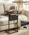 C Shaped End Table With Sliding Tray Under Sofa 28 Inch High Side Table With Storage Bag Black in living room setting