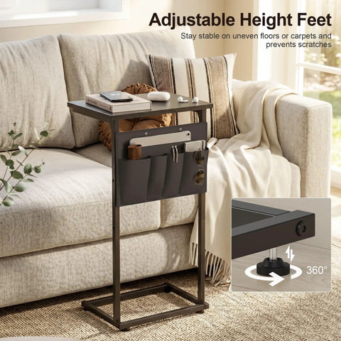 C Shaped End Table With Sliding Tray Under Sofa 28 Inch High Side Table With Storage Bag Black in living room setting