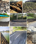 Collage showing Heavy Duty Ground Grid For Driveway Stabilization And Slope Landscaping Honeycomb Drainage Grid For Grass And Rock Fill in use on various terrains.