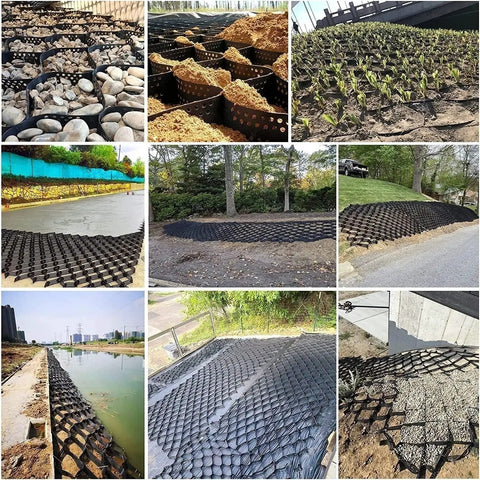 Collage showing Heavy Duty Ground Grid For Driveway Stabilization And Slope Landscaping Honeycomb Drainage Grid For Grass And Rock Fill in use on various terrains.