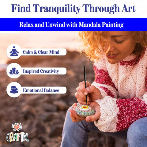Person painting rock using Beginner Mandala Painting Kit With 46 Pieces, Acrylic Paints, Reusable Stencils And Dotting Tools.