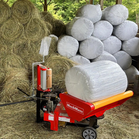 Hay Baler And Wrapper Combo HB3120 HW20 in action, showing wrapped round bale and stacked hay bales in barn.