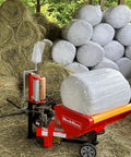 All In One Hay Baler Wrapper And Rake Tedder Combo HB3120 HW20 HT100 with wrapped bale in barn setting