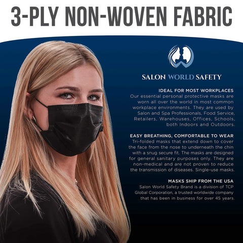 Woman wearing Black Disposable Face Masks 3 Ply Breathable With Nose Clip And Ear Loops Sealed Dispenser Box Of 50