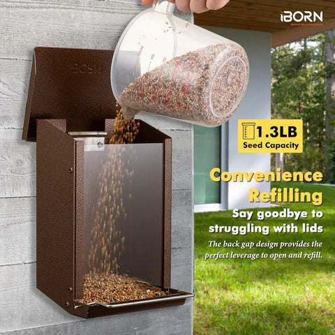 Weatherproof Metal Wall Mounted Bird Feeder With Heavy Duty Roof And Detachable Easy Clean System installed on outdoor wall.