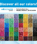 Variety of colored crinkle cut paper shred filler for gift packaging in colorful display.