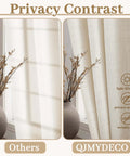 Privacy contrast of cream linen look curtains with light filtering and privacy assured features in a living room setting.