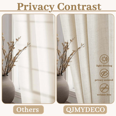 Privacy contrast of cream linen look curtains with light filtering and privacy assured features in a living room setting.