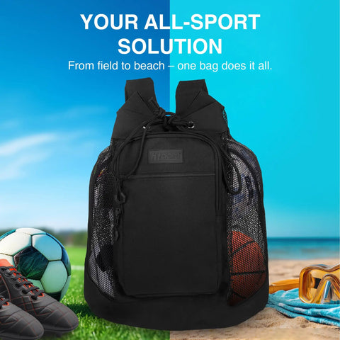 Heavy Duty Mesh Gear Bag With Adjustable Backpack Straps Three Compartments And Quick Access Pockets for sports gear